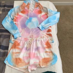 Tie dye shorts and matching hooded sweatshirt.